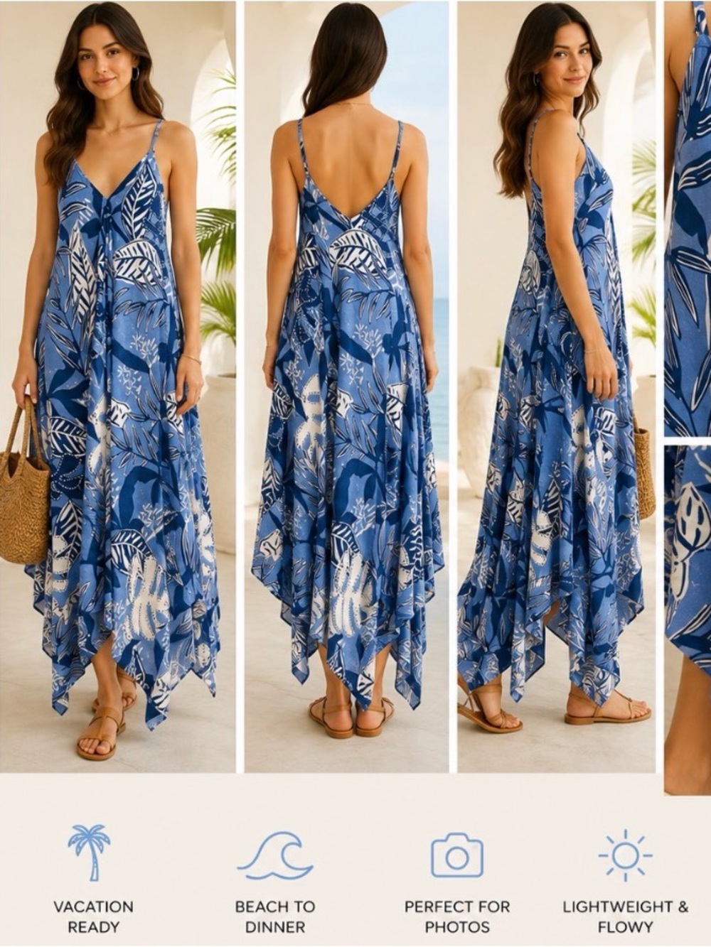 GOA BEACHWEAR BY JAPNA Blue Tropical Handkerchief Maxi Dress Various Sizes NWT